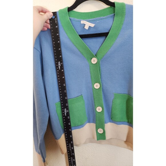 Plastic Island Cardigan Small Blue Green Colorblock V-Neck Preppy Knit Sweater - Picture 3 of 7